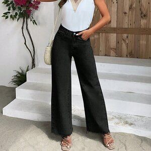 Black Casual Women's Solid Wide Leg Jeans